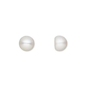 Pearl, White Lotus™, cultured freshwater (bleached), white, 8mm half-drilled button, B grade, Mohs hardness 2-1/2 to 4. Sold per pair.