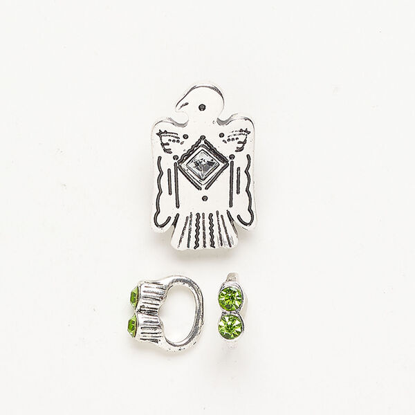 Slider bead 1pkg3, antique silver-finished brass and stainless steel / acrylic, clear and green, 31x18mm thunderbird and 13x5mm rondelle. image number 0