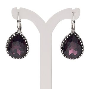 Earring, glass with silver-plated brass and "pewter" (zinc-based alloy), amethyst purple, 34mm with teardrop and leverback ear wire. Sold per pair.