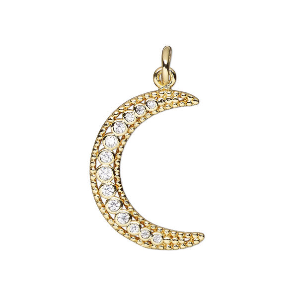 Charm, cubic zirconia and gold-finished brass, clear, 20x14mm single-sided moon with 5mm open jump ring. Sold individually. image number 0