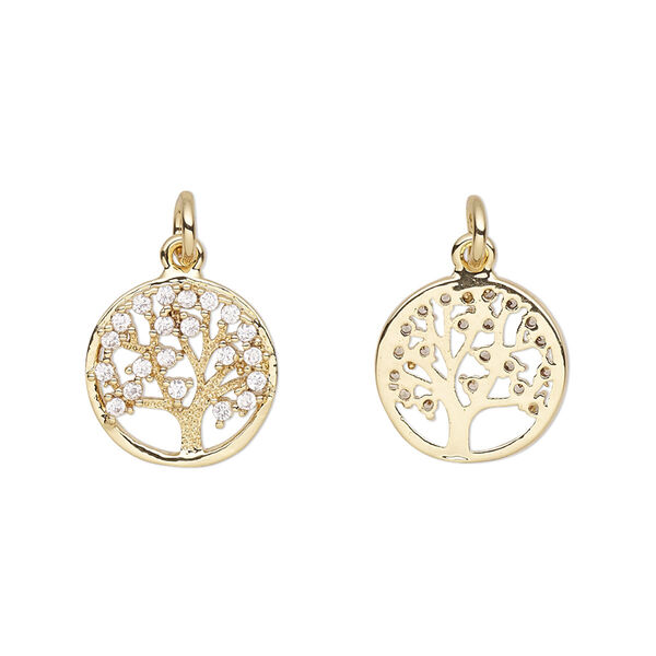 Charm, cubic zirconia and gold-finished brass, clear, 13mm single-sided tree of life with 5mm jump ring. Sold per pkg of 2. image number 0