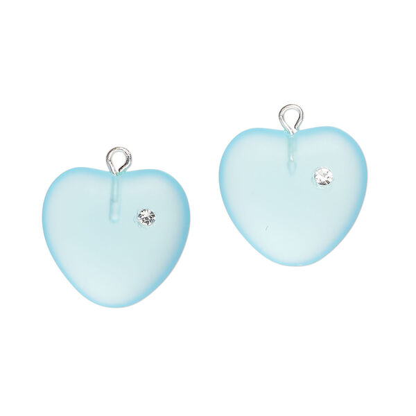 Drop 1pkg2, silver-plated brass / glass / cubic zirconia, translucent aqua and clear, 16mm frosted heart. image number 0