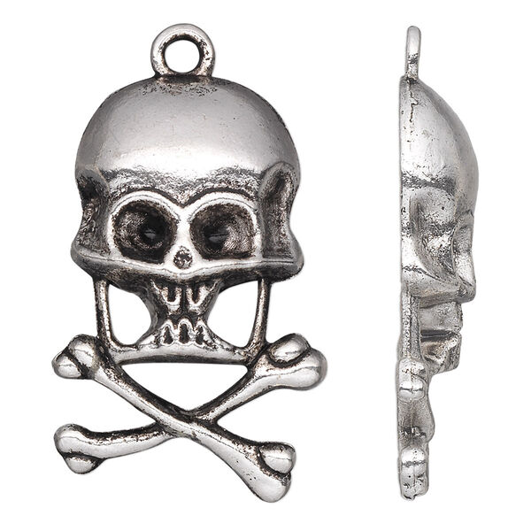 Focal, antique silver-plated "pewter" (zinc-based alloy), 35x23mm single-sided skull and crossbones. Sold per pkg of 10. image number 0