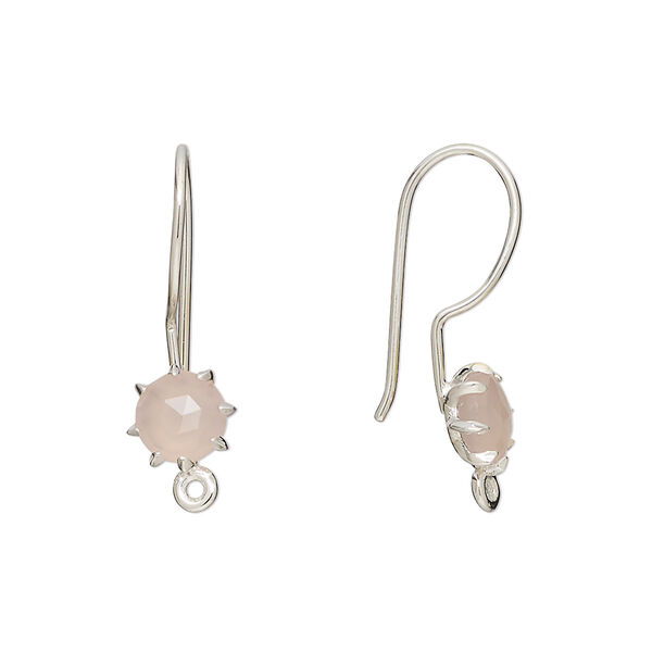 Ear wire, pink chalcedony (dyed) and sterling silver, 22mm fishhook with 7.5mm hand-cut faceted round and closed loop, 19 gauge. Sold per pair. image number 0