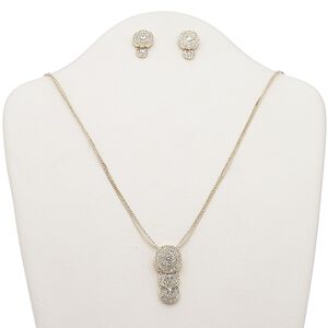 Necklace and earring set, 2-strand, Egyptian glass rhinestone / gold-finished steel / brass / "pewter (zinc-based alloy), clear, 40x20mm triple graduated round, 32-inch necklace with 2-inch extender chain and lobster claw clasp, 22mm earrings with post. Sold per set.