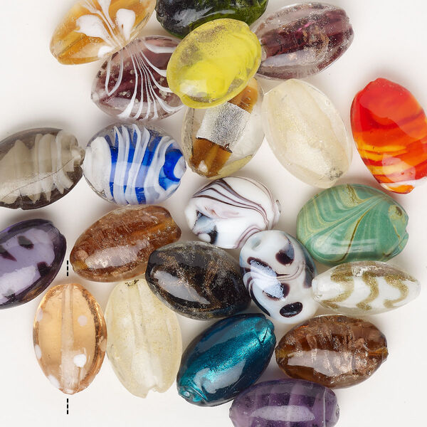 Bead mix, lampworked glass, pkg/4 ounces, opaque to transparent mixed colors with silver-colored foil and copper-colored glitter, 24x18mm-30x21mm puffed oval. image number 0