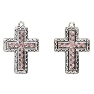 Focal, antique silver-finished "pewter" (zinc-based alloy) and glass, pink, 30x23mm cross. Sold per pkg of 2.