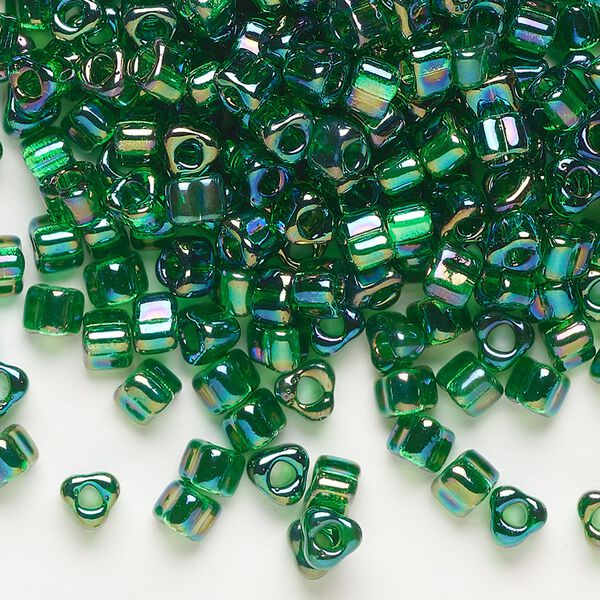 Seed bead, Miyuki, glass, transparent iris green, (TR1154), #5 triangle. Sold per 250-gram pkg. image number 0