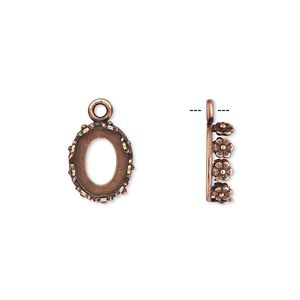Drop, JBB Findings, antique copper-plated brass, 12x10mm oval with open back and flower design trim, 10x8mm oval bezel setting. Sold per pkg of 2.