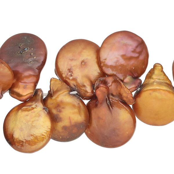 Pearl, cultured freshwater pearl (dyed), copper, 11-14mm flat baroque, Mohs hardness 2-1/2 to 4. Sold per 15-inch strand, approximately 65 beads. image number 0