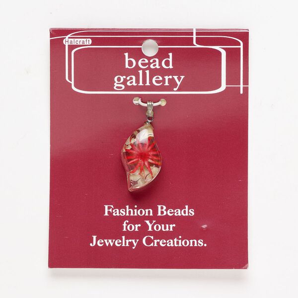 Resin / "pewter" (zinc-based alloy) / brass 1pkg1, curve pendant / flower clear / red / antique silver-finish 28x15mm image number 0