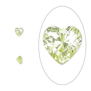 Gem, cubic zirconia, peridot green, 4mm faceted heart, Mohs hardness 8-1/2. Sold per pkg of 5.