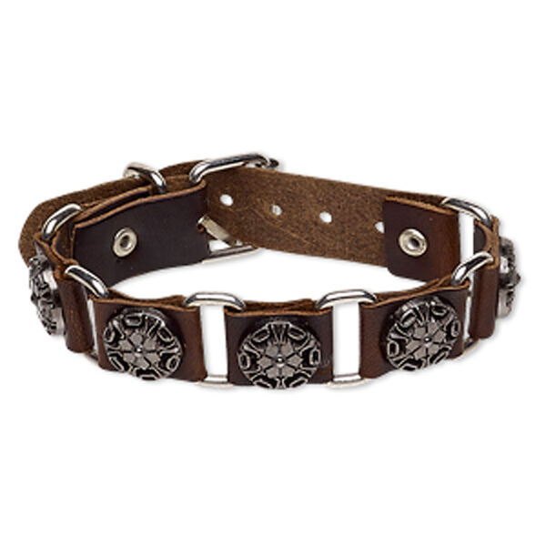 Bracelet, leather (dyed) / imitation rhodium-plated steel / antique silver-plated "pewter" (zinc-based alloy), brown, 21mm wide with 15mm round with flower design, adjustable from 6-1/2 to 7-1/2 inches with buckle-style closure. Sold individually. image number 0