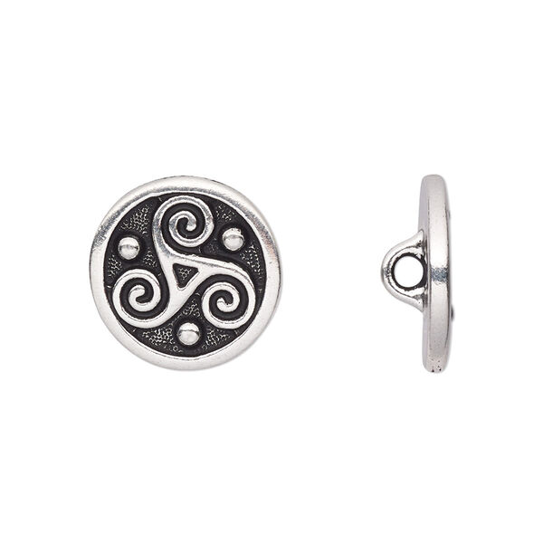 Button, TierraCast®, antique silver-plated pewter (tin-based alloy), 16mm flat round with triskele and loop. Sold per pkg of 20. image number 0