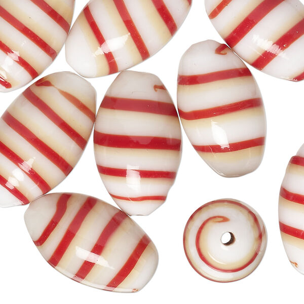 Bead, lampworked glass, opaque red / golden / white, 20x11mm oval. Sold per pkg of 10. image number 0