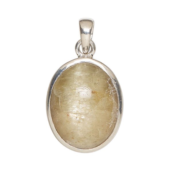 Pendant, lemon calcite (coated) and sterling silver, 25x20mm-27x21mm oval. Sold individually. image number 0