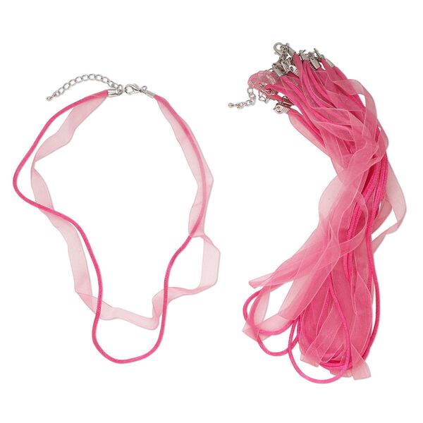Necklace, choker, antique silver-finished steel / nylon / organza, pink, 9.5mm width with lobster claw clasp. Sold per pkg of (10) 15-1/2" to 16" strands. image number 0