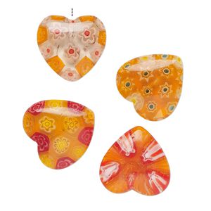 Bead, millefiori glass, translucent orange / red / multicolored, 18-20mm half-drilled puffed heart. Sold per pkg of 4.