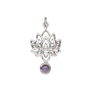 Amethyst / sterling silver 1pkg1, lotus drop natural antiqued 22.5x14.5mm