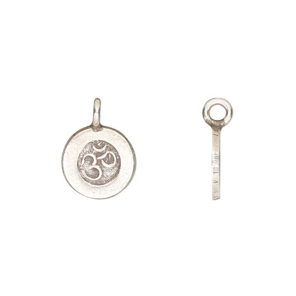 Drop, Hill Tribes, antiqued sterling silver, 11mm single-sided round with Om design. Sold individually. image number 0
