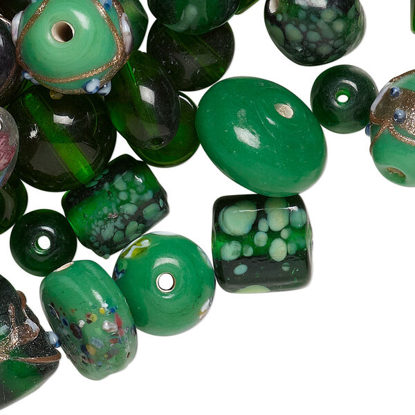 Bead mix, lampworked glass, dark green with fancy finish, 7x4mm-14x11mm mixed shapes. Sold per pkg of 100-grams, approximately 60-100 beads. image number 0