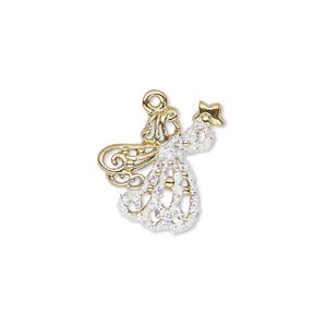 Charm, enamel and gold-finished "pewter" (zinc-based alloy), white with glitter, 17mm single-sided angel with star. Sold individually.