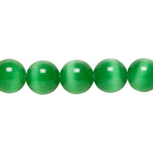 Bead, cat's eye glass (fiber optic glass), dark green, 10mm round, quality grade. Sold per 15-1/2" to 16" strand.