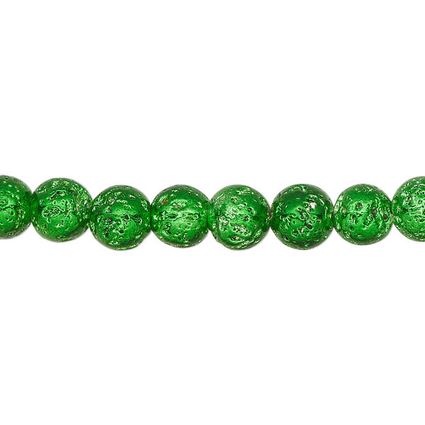 Bead, electro-coated lava rock (coated), emerald green, 6-7mm round. Sold per 15-1/2" to 16" strand. image number 0