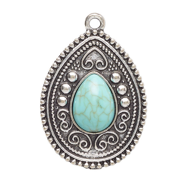 Focal, antique silver-finished "pewter" (zinc-based alloy) and "turquoise" (resin) (imitation), turquoise blue, 33x25.5mm single-sided teardrop. Sold per pkg of 2. image number 0