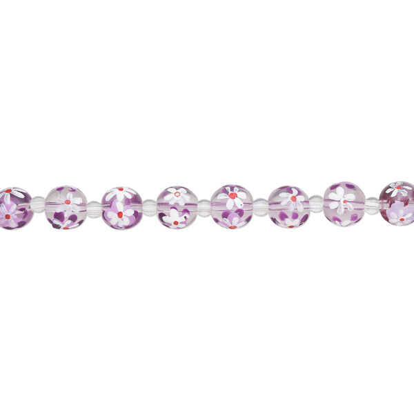 Bead, glass 1pkg8, multicolored, 12mm round with hand-painted flower. image number 1