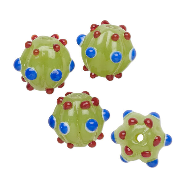 Bead, lampworked glass, opaque light green / dark red / dark blue, 15x13mm fluted round. Sold per pkg of 4. image number 0