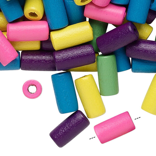 Bead mix, wood, mixed colors, 12x5mm round tube. Sold per 400-gram pkg, approximately 3,600 beads. image number 0