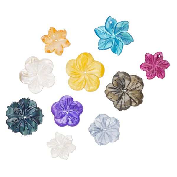 Focal and component mix, mother-of-pearl shell (bleached/dyed), mixed colors, 12-25mm hand-carved flower, Mohs hardness 3-1/2. Sold per pkg of 10. image number 0