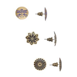 Earring mix, enamel with antique brass-plated brass and steel, mixed colors, 15mm round and flower with dragonfly and flower design with post. Sold per pkg of 3 pairs.
