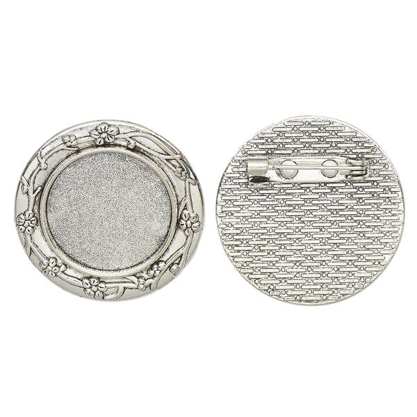 Brooch back, glue-in, antique silver-finished "pewter" (zinc-based alloy), 30mm single-sided round with flower design with 20mm round setting. Sold per pkg of 2. image number 0