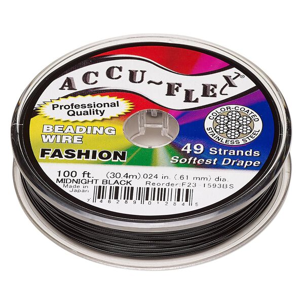 Beading wire, Accu-Flex®, nylon and stainless steel, midnight black, 49 strand, 0.024-inch diameter. Sold per 100-foot spool. image number 0
