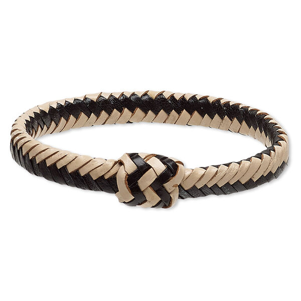 Bracelet, bangle, leather (natural / dyed), black, 15mm wide with braided design, 7-1/2 inches. Sold individually. image number 0