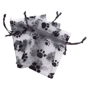 Pouch, satin and flocked organza, grey and black, 4x3-inch rectangle with paw prints and drawstring closure. Sold per pkg of 3.