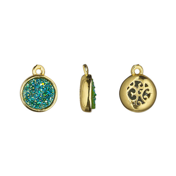 Drop, Druzylite™, "druzy" (resin) and gold-finished brass, green, 9.5mm two-sided round with open filigree back. Sold per pkg of 4. image number 0