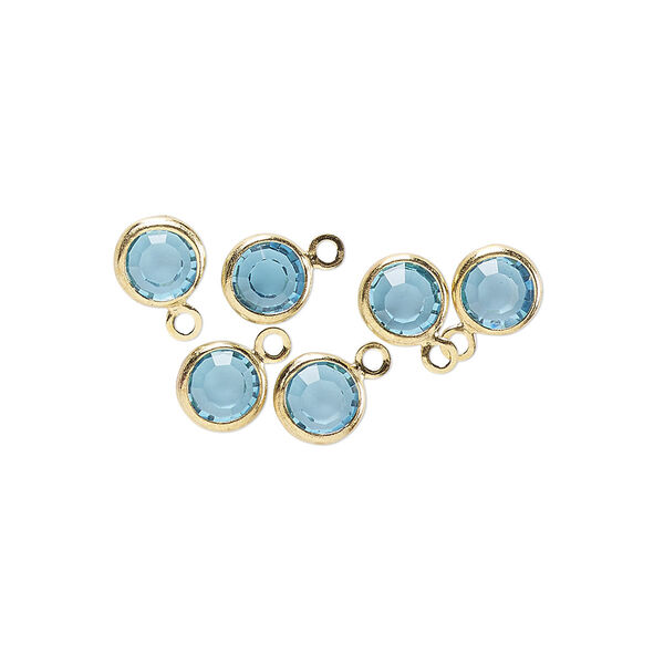 Drop, glass rhinestone and gold-finished brass, aqua blue, 6-6.5mm faceted round. Sold per pkg of 6. image number 0
