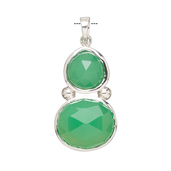 Pendant, Create Compliments®, sterling silver and chalcedony (dyed), sea green, 27x16mm single-sided freeform, Mohs hardness 6-1/2 to 7. Sold individually. image number 0
