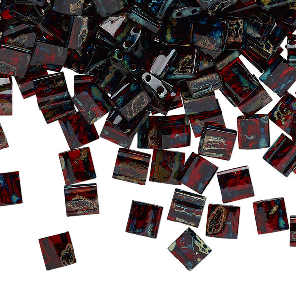 Seed bead, TILA®, glass, pkg/40g, 5mm full tila square, translucent Picasso red, (TL-4504). image number 0