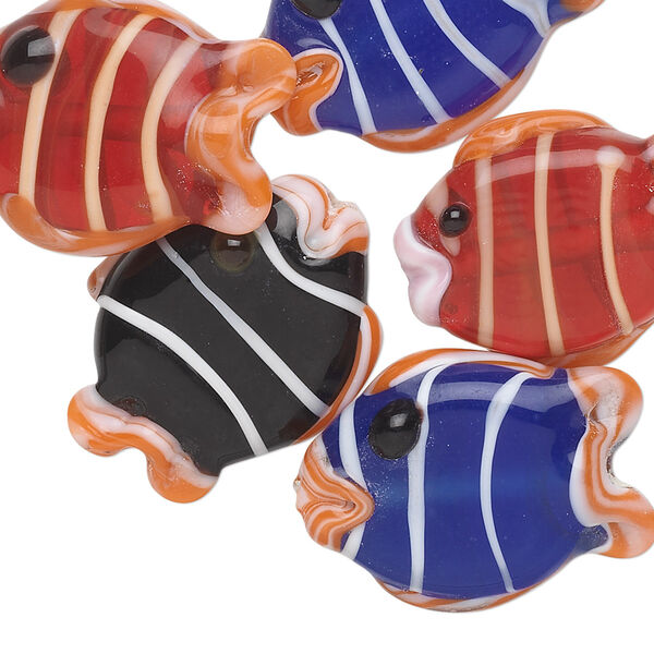 Bead, lampworked glass, multicolored, 24x19mm fish. Sold per pkg of 6. image number 0