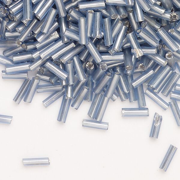 Bead, Ming Tree™, bugle bead, glass, pkg/1/4 pound, 1/4 inch, silver-lined translucent grey/blue. image number 0