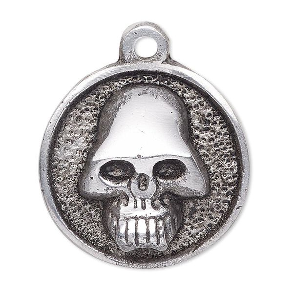 Focal, antiqued aluminum, 32mm round with skull. Sold per pkg of 4. image number 0