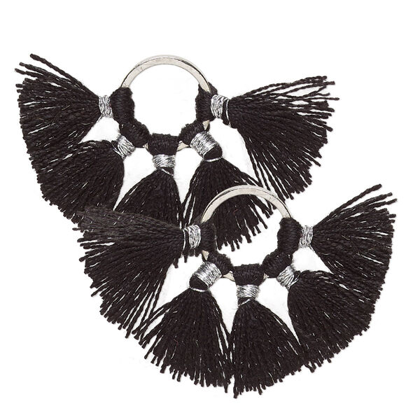 Component, cotton and silver-finished brass, black, 28x20mm tassel. Sold per pkg of 2. image number 0