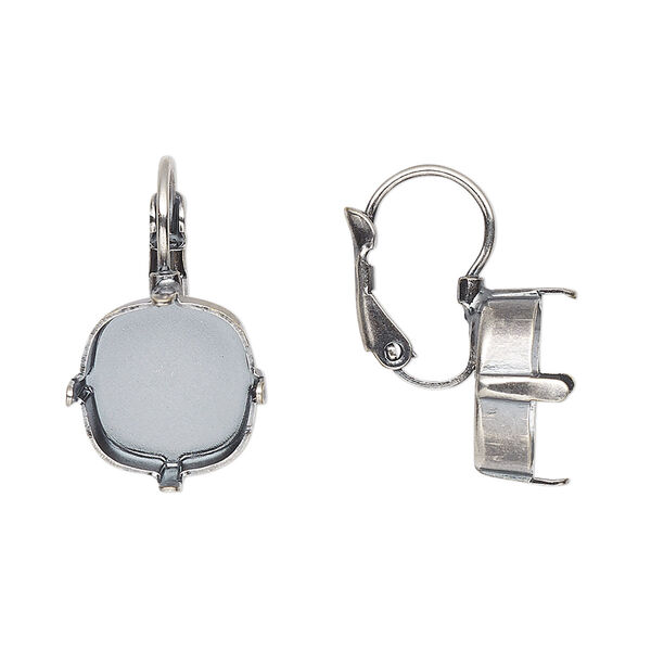Ear wire, JBB Findings, antique silver-plated brass, 21mm leverback with 4-prong 12mm cushion setting. Sold per pair. image number 0