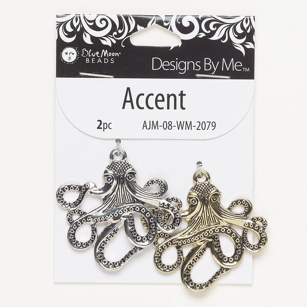 Focal assortment, gold- and silver-finished "pewter" (zinc-based alloy), 45x40mm single-sided octopus. Sold per pkg of 2. image number 0