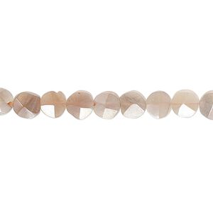 Peach moonstone 1pkg1, luster hand-cut faceted flat round bead 8 inch 5-6mm
