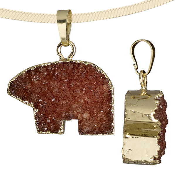 Pendant, druzy agate (dyed) / gold-finished brass / steel, brown, 24x18mm-27x25mm hand-cut single-sided zuni-style bear. Sold individually. image number 0
